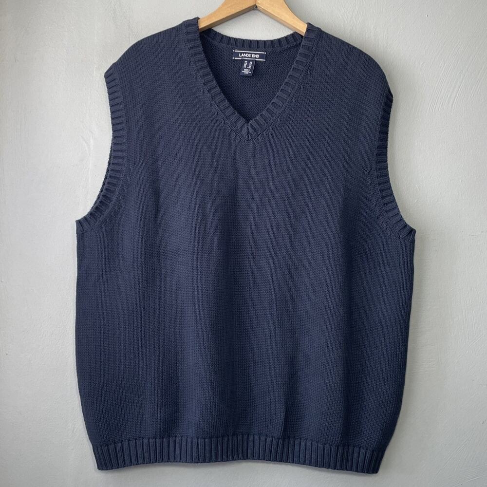 Lands End Sweater Vest Mens Size XL Navy Blue Preppy Academia Golf 100% Cotton